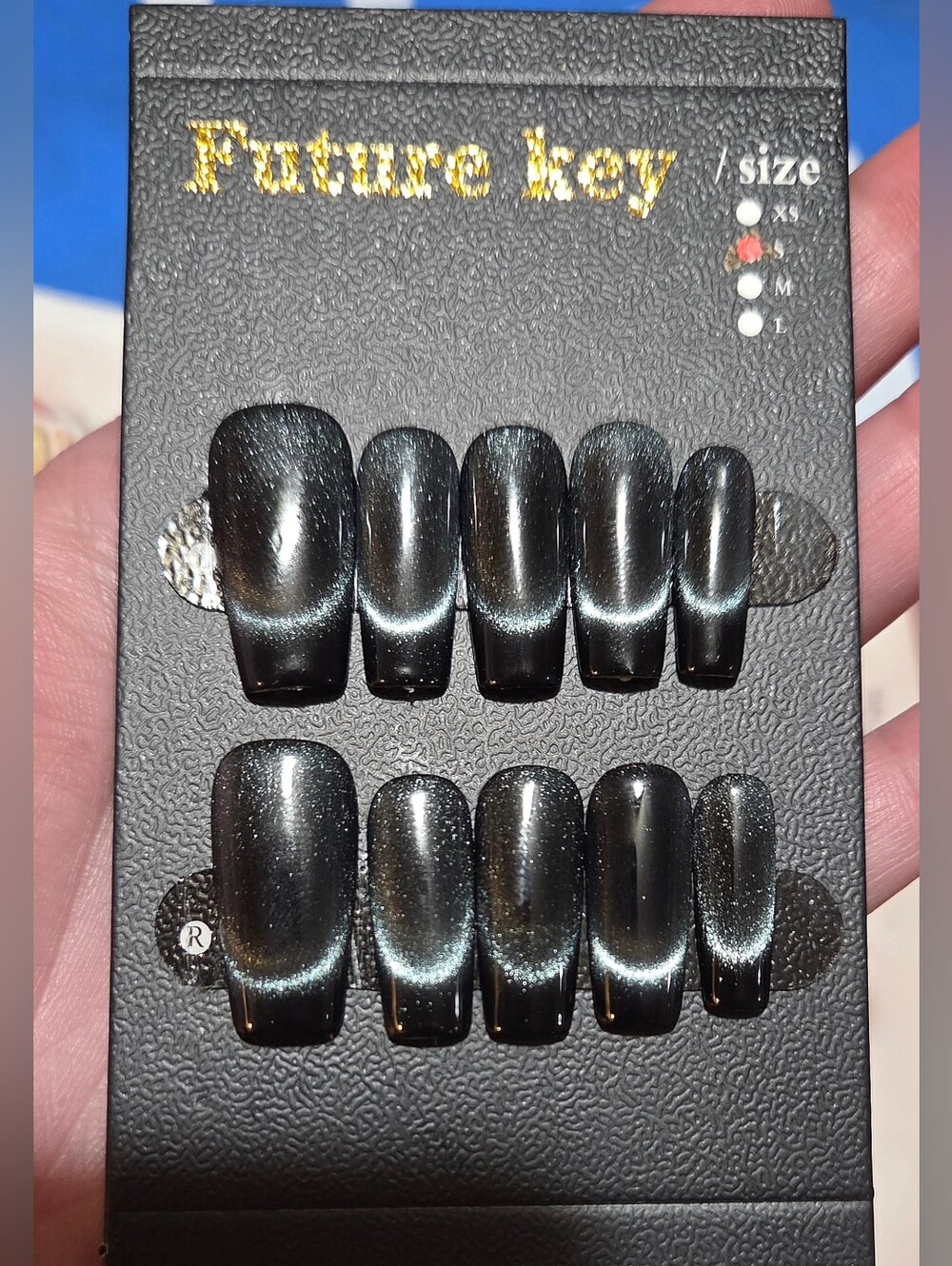 Handmade Black Cat-Eye Goth Shimmery Grunge 2.5 Coffin Press-On Nails